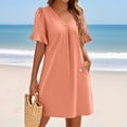 thumbnail image 4 of QIJIE Shift Dress for Women V Neck Short Sleeves Solid Color Casual Flowy Summer Dresses(S-2XL) Saffron S, 4 of 5