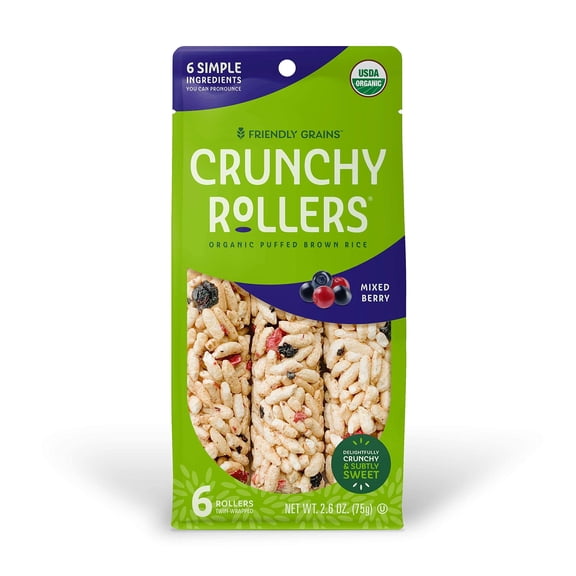 Friendly Grains - Crunchy STF9 Rollers - Organic Rice Snacks, Crispy Puffed Rice Rolls, Healthy Snack Rolls for Adults and Kids - Mixed Berry - (4 Packs of 6)