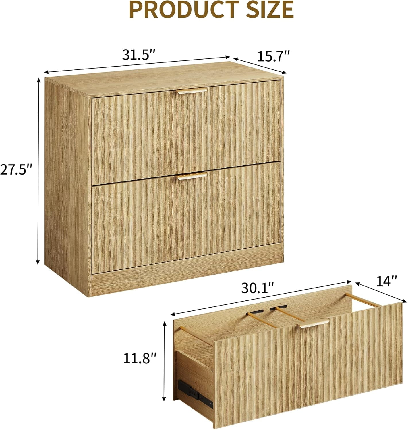 Pusnapku 2 Drawers File Cabinet, Modern 31" Printer Stand, Fluted Home Office Filing Cabinet with Adjustable Hanging Rails, for Legal/Letter/A4 Size