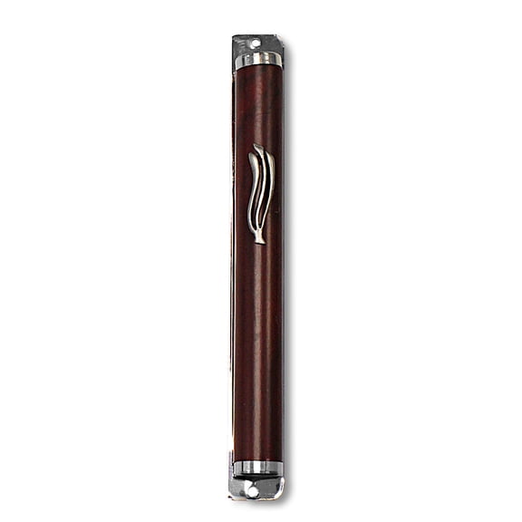 Metal Gray Silver-Tone Brown Wood Classic Mezuzah Case, 6" - Made in Israel
