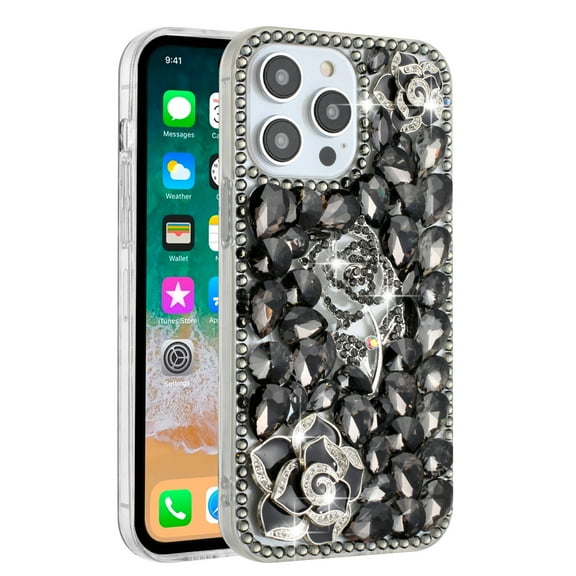 For Apple iPhone 14 Pro (6.1") Flowers Bling Crystal 3D Full Diamonds Luxury Sparkle Rhinestone Glitter Hybrid Cover ,Xpm Phone Case [ Floral Smoke ]