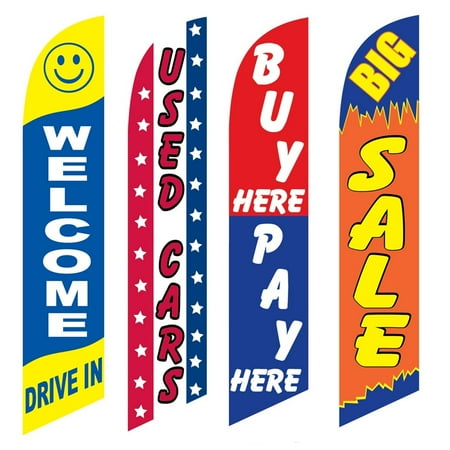 4 Advertising Swooper Flags Welcome Drive In Used Cars Buy Pay Here Big Sale
