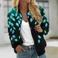 thumbnail image 2 of Uaswgudfs ​Women's Autumn Winter Casual Baseball Jacket Blue Green Printed Denim with Ribbed Cuffs, Zip-Up Short Coat​, 2 of 6