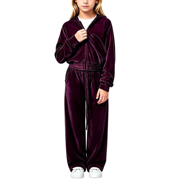BLVB Girls Sweatsuits Set Velour Tracksuit 2 Piece Outfits Zip up Hoodies Jackets and Loose Wide Leg Pants Kids Loungewear Jogging Set(Purple,11-12Years)