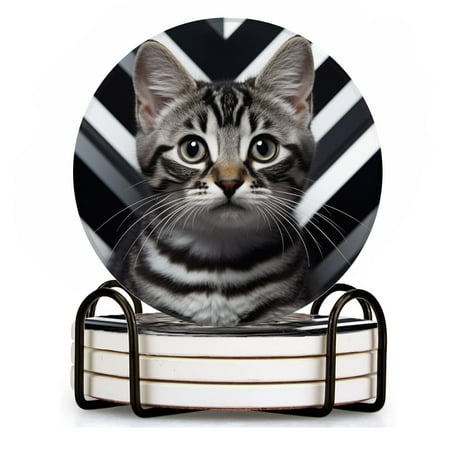

BaHomeck Drink Coasters Set of 4 with Holder cute American Shorthair cat sits in front of the camera Water Absorbent Ceramic Coasters Tabletop Protection Suitable for Various Cup Home Decor