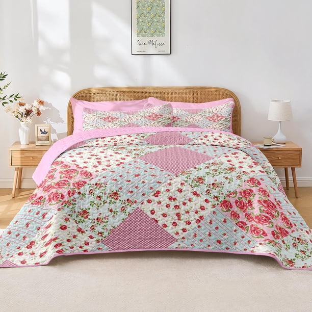 Set de colcha Pamnest Patchwork tamaño queen size rosa floral, 3 unidades