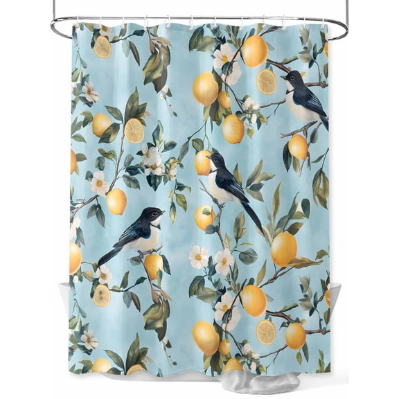 Boanket Polyester Fabric Lemon Bird Shower Curtain, Blue Watwecolor Spring Summer Flowers Leaf Waterproof Bathtub Curtain Bathroom Decor Set with Hooks 36 x 72 Inches,