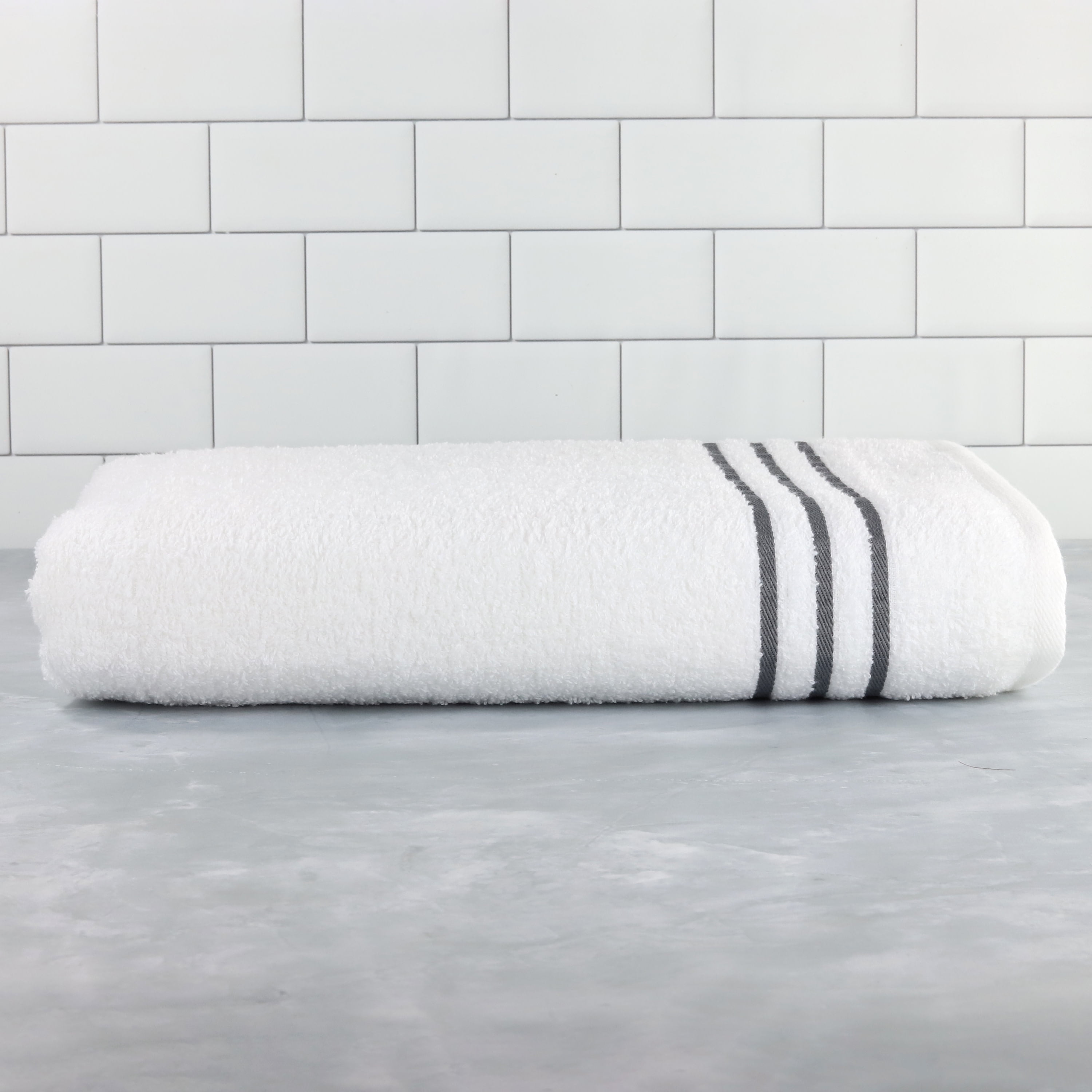 Mainstays Single Bath Towel, White with Gray Stripe Walmart Inventory