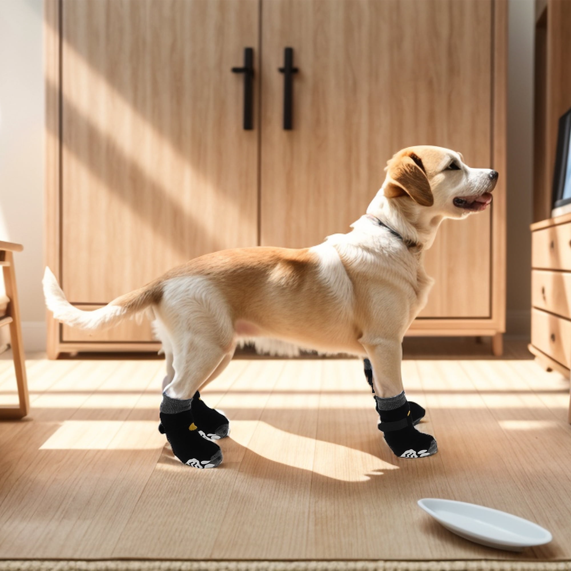 Unique Bargains 4 Pcs Non-Slip Dog Socks Adjustable Sticky Tapes Pet Socks S Black Yellow