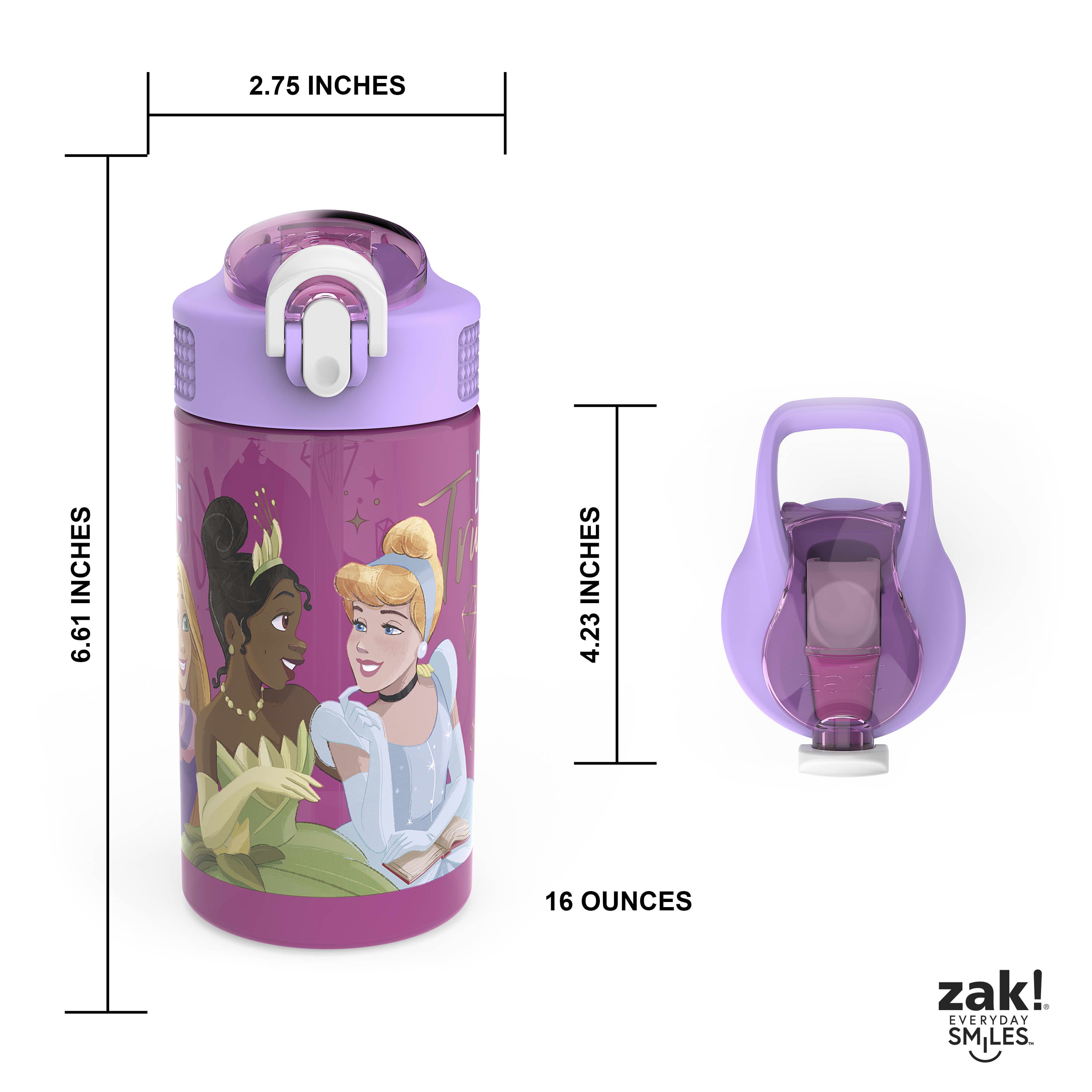 Zak Designs Disney Ultimate Princess 16 Fluid Ounces Reusable Leakproof Plastic  Water Bottle 