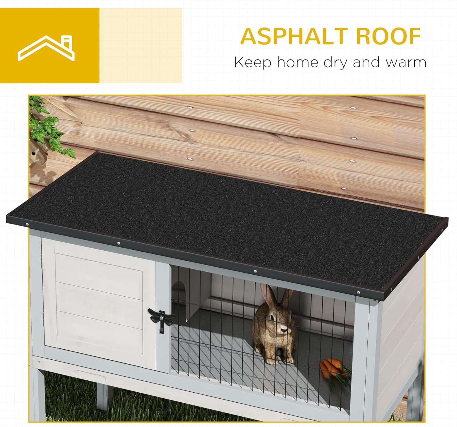 LEHOME Elevated Wooden Rabbit Hutch, Indoor/Outdoor Bunny Cage with Hinged Asphalt Roof and Removable Tray for Guinea Pig, Light Gray