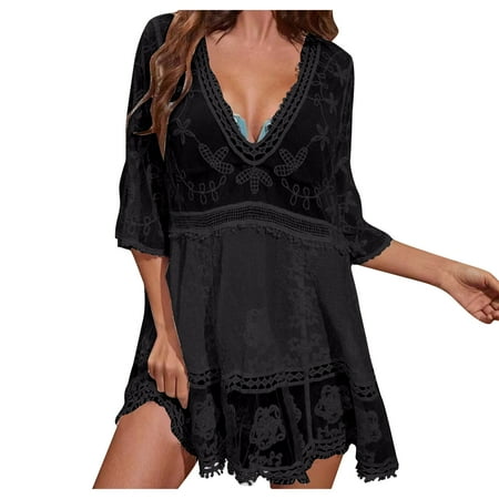 Xysaqa Women s Fashion Bikini Cover Up V Neck 3/4 Sleeve Lace Hollow Out Coverup Swimsuit Beach Dress