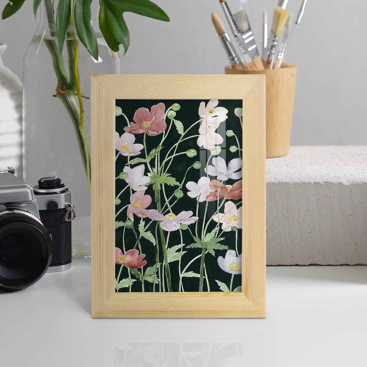Anemone Dance III -Framed Print w/glass-Natural Wood