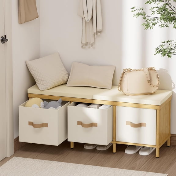 Storage Bench, 43.3" Bamboo Storage Chest with 3 Drawers, Entryway Bench with Cushioned Seat, End of Bed Bench with Storage Toy Box, Toy Chest Storage Bench for Entryway, Living Room, Bedroom