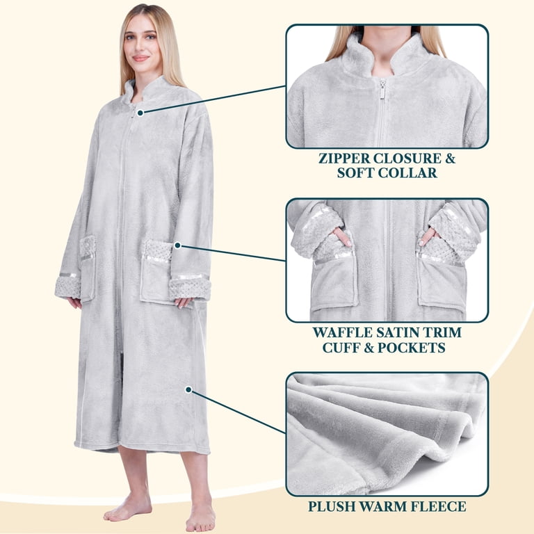 PAVILIA Womens Zip Robe, Long Plush Fleece with Satin Trim
