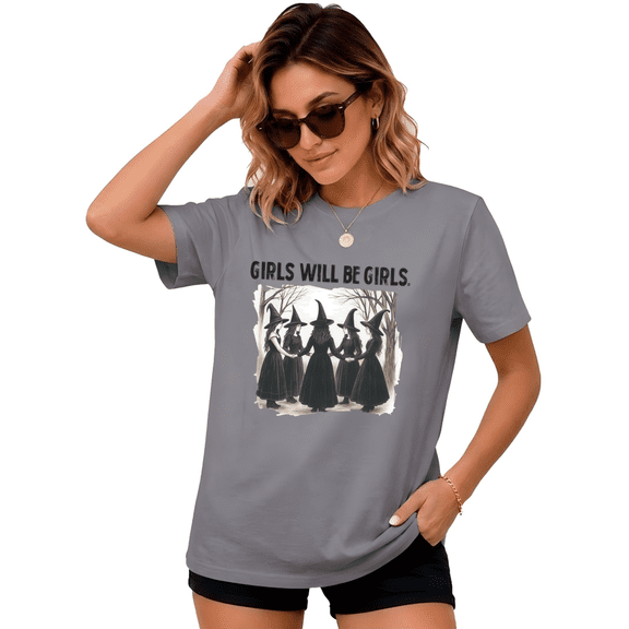 UNISHE Girls Will Be Girls Witch Graphic Tee Vintage Style Short Sleeve Crewneck Top