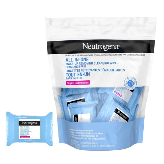 Neutrogena All-in-One Makeup Removing Cleansing Wipes, Waterproof Mascara Removal, Fragrance Free, Travel