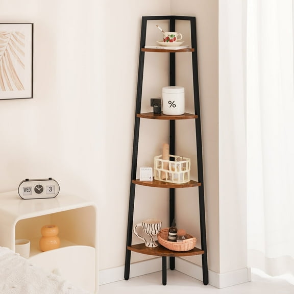 Yoobure 4-Tier Corner Bookshelf with Metal Frame,Ladder Display Shelf for Bedroom and Living Room, Tall Wood Corner Bookcase and Plant Stand