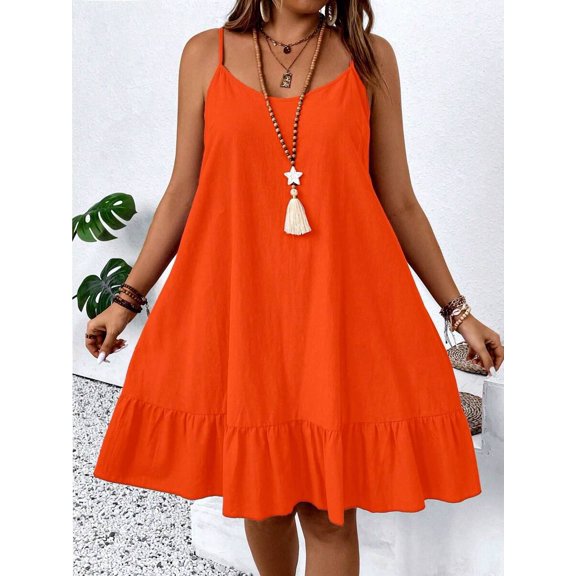 Orange Plus Size Casual Spaghetti Strap A-Line Dress With Ruffle Hem