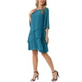 thumbnail image 4 of Vestido de gasa con volantes para mujer Inspire Chic, de capas, fluido, de manga 3/4, corte A, hasta la rodilla, color verde pavo real, talla M, 4 of 6
