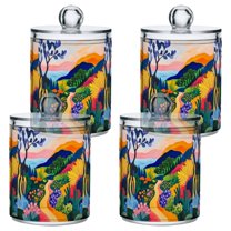 Yayeee 4 Pack Qtip Holder Bathroom Cotton Swab Canister with Lid Clear Dispenser Set, Art Path