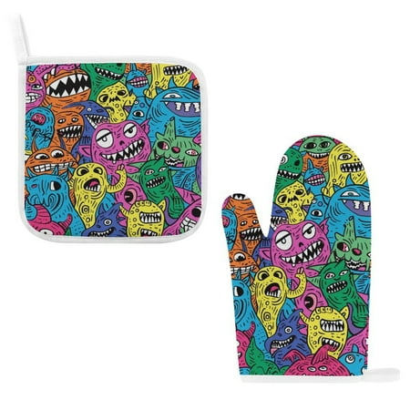 

ZZZHY Monster Colorful Doodle-275 Oven Mitts and Pot Holders Sets Heat Resistant Oven Gloves Cute Kitchen Mitts for Oven 2-Piece Baking Gloves Set for Cooking Grilling Baking