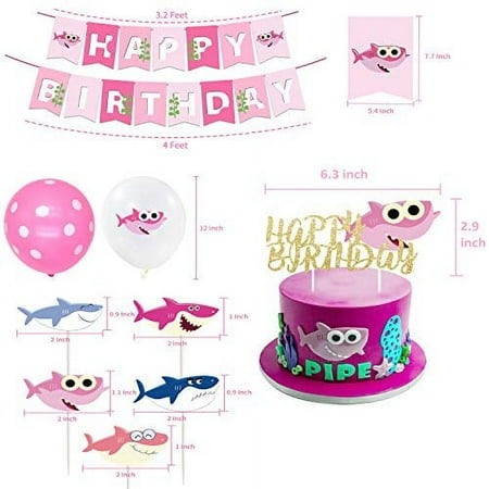 Baby Pink Shark Party Supplies for Girls Include Cake Topper - Balloons - Cupcake Toppers - Happy Birthday Banner