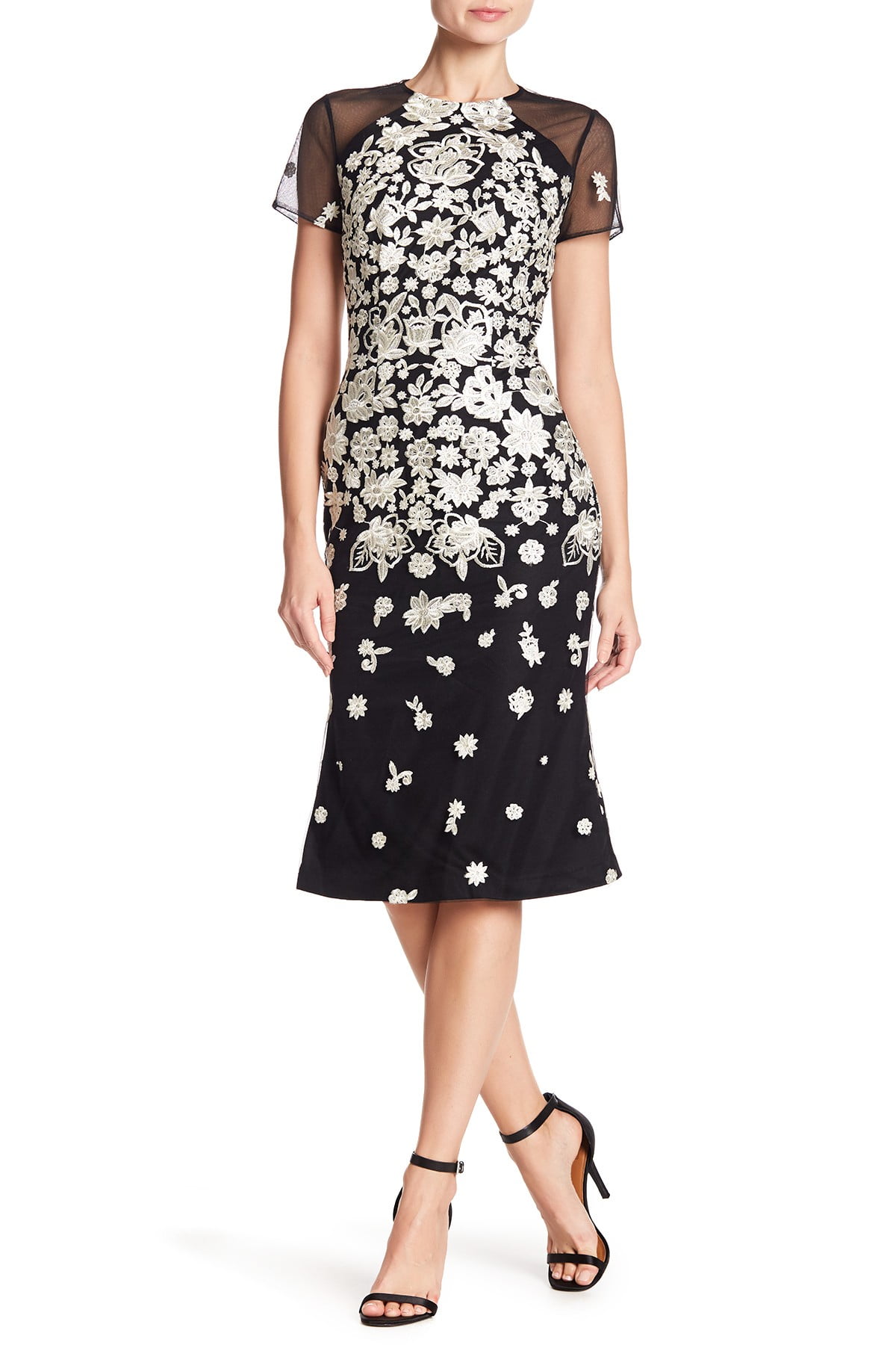 Carmen Marc Valvo - Carmen Marc Valvo Floral Embroidered Midi Dress, Black/White, 12 - Walmart
