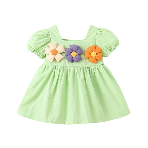 Odeerbi 6 M-3 Y Infant Toddler Girls Summer Floral Applique Cotton Dress Casual Puff Sleeve Square Neck A-Line Dress