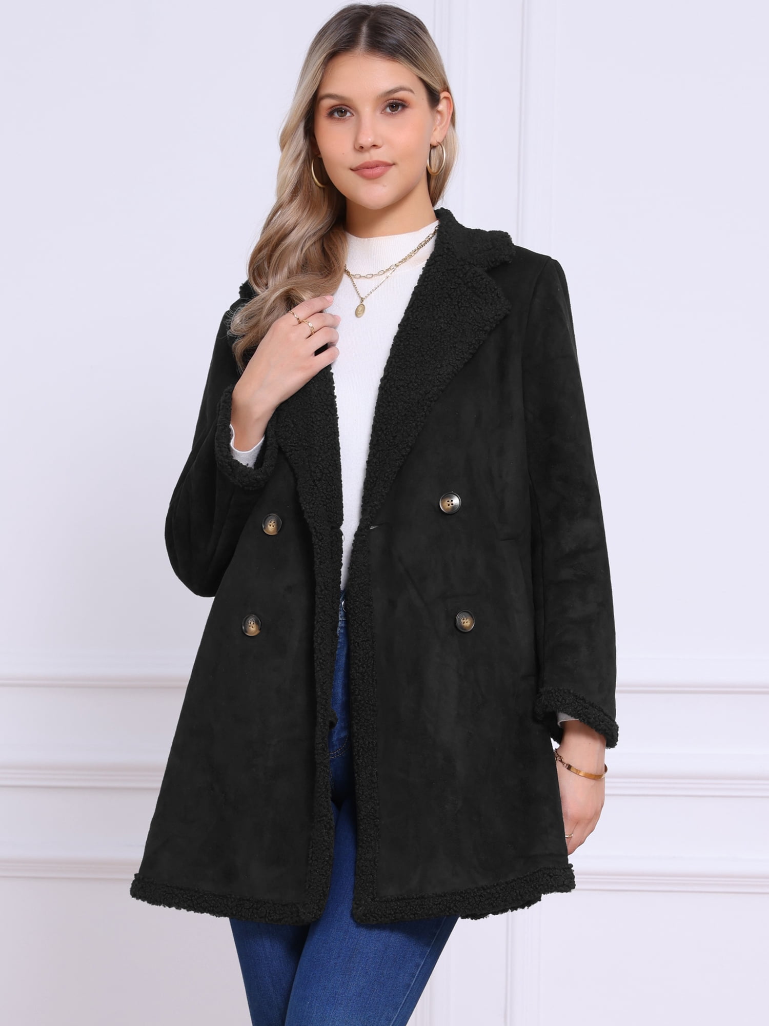 DARING DIVA Women's Faux Suede Coat Double Breasted Warm Teddy Jacket S Black