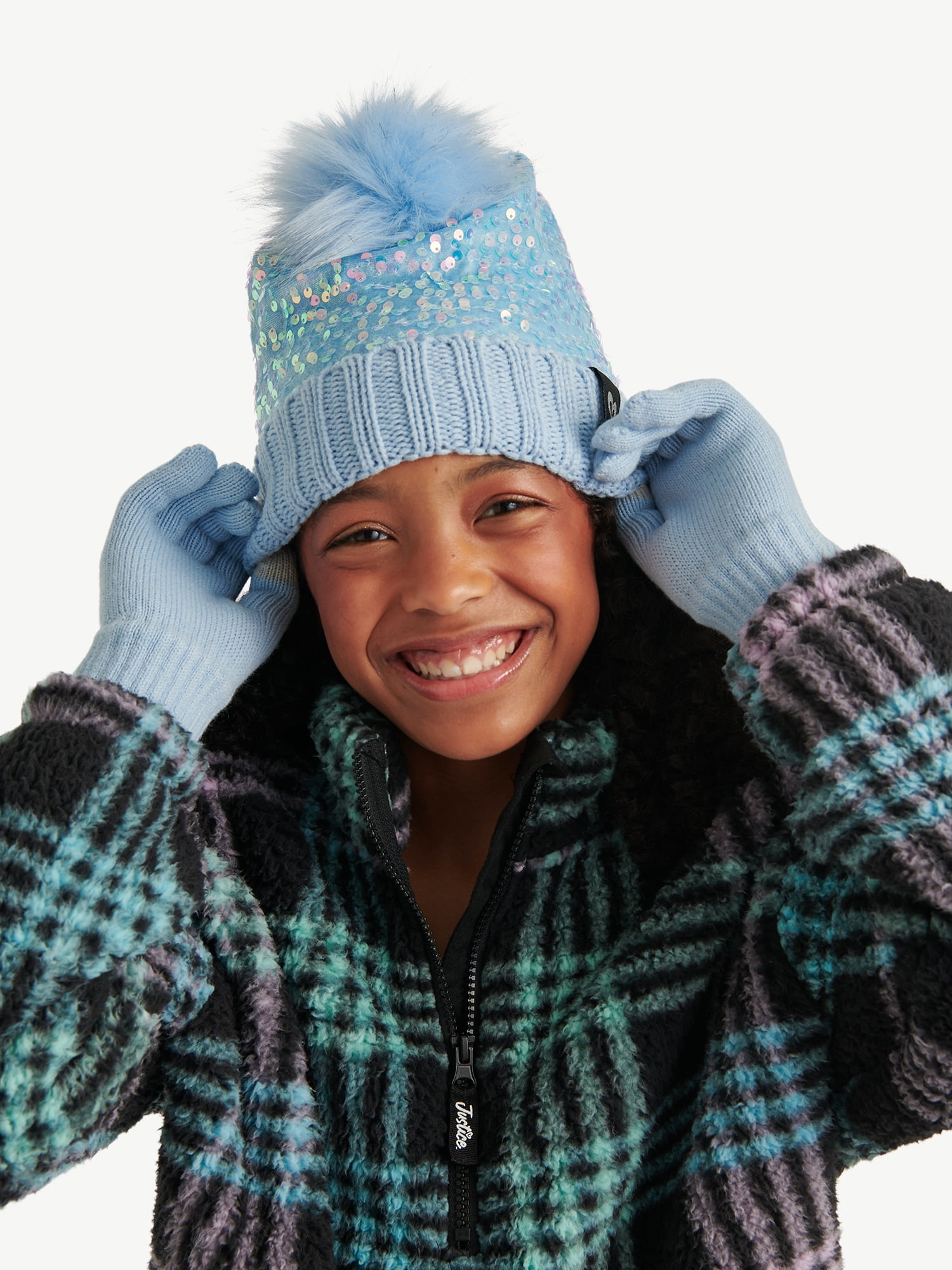 Justice Girls Velvet Sequin Hat and Glove Set, Blue