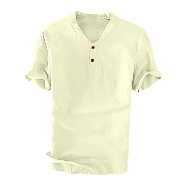 Camisas de Lino de Manga Corta de los Hombres de Color Sólido Mezcla de Lino de Algodón, Collar Plegable Casual Camisas Casuales de los Hombres