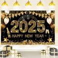 thumbnail image 1 of EspañolBanner de Feliz Año Nuevo, Fondo Grande Dorado de Feliz Año Nuevo 2025 Decoración de Nochevieja Suministros para Fiestas Reloj de Fuegos Artificiales Negro, 1 of 5
