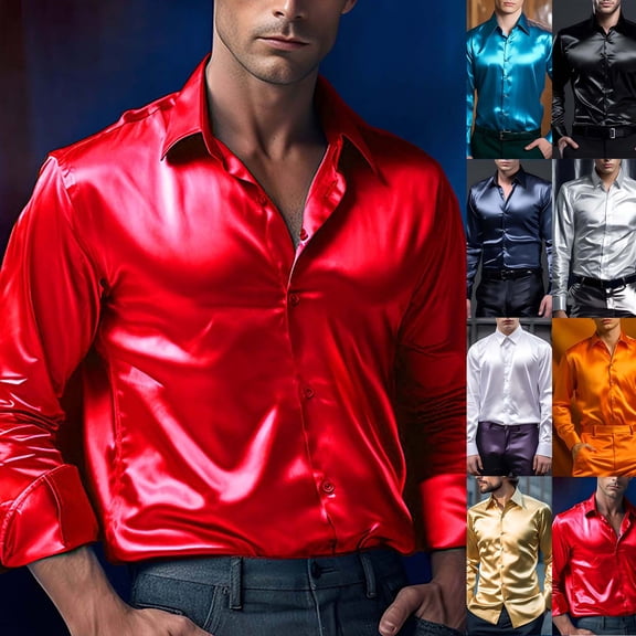 Mens Satin Dress Shirt Solid Long Sleeve Button Down Shirts Formal Casual Business Prom Party Wedding Black L