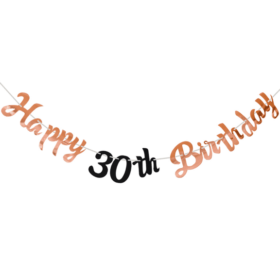 Happy 30th Birthday Banner, Rose Gold and Black, Party Decoration, Garland Sign