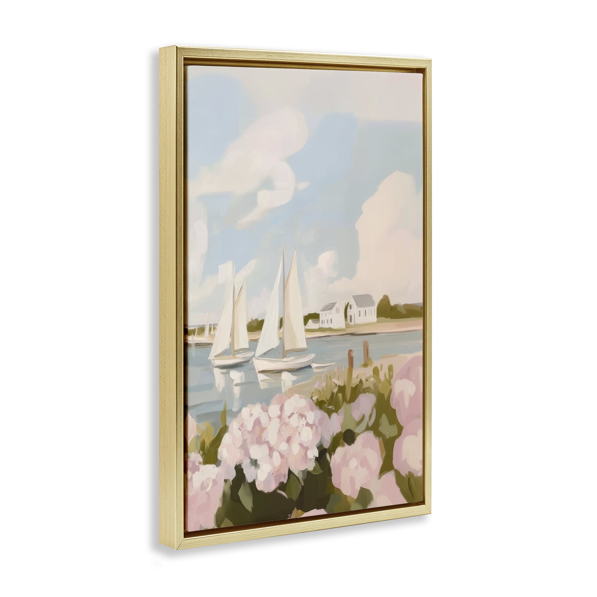 Stupell Industries Pink Hydrangeas with Sailboats Gold Framed Floater Canvas Wall Art, design by Sisi and Seb