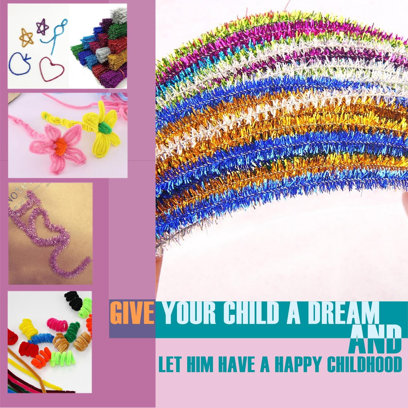 Herrnalise Home Deacor on Sale 100PC Chenille Stem Flash Color Pipe Cleaners Set for DIY Arts Crafts Decoration