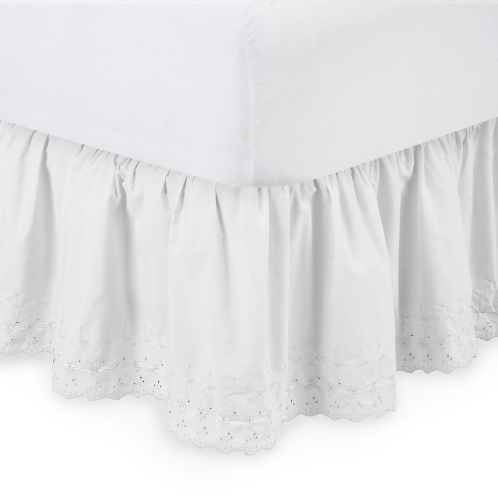Eyelet Ruffled Bed Skirt 14'' Drop, Full , White Dust Ruffle with