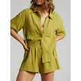 thumbnail image 5 of Womens Casual 2 Piece Outfits Cotton Linen Sets Button Down Shirt Shorts 2025 Beach Coverup Set Yellow M, 5 of 7