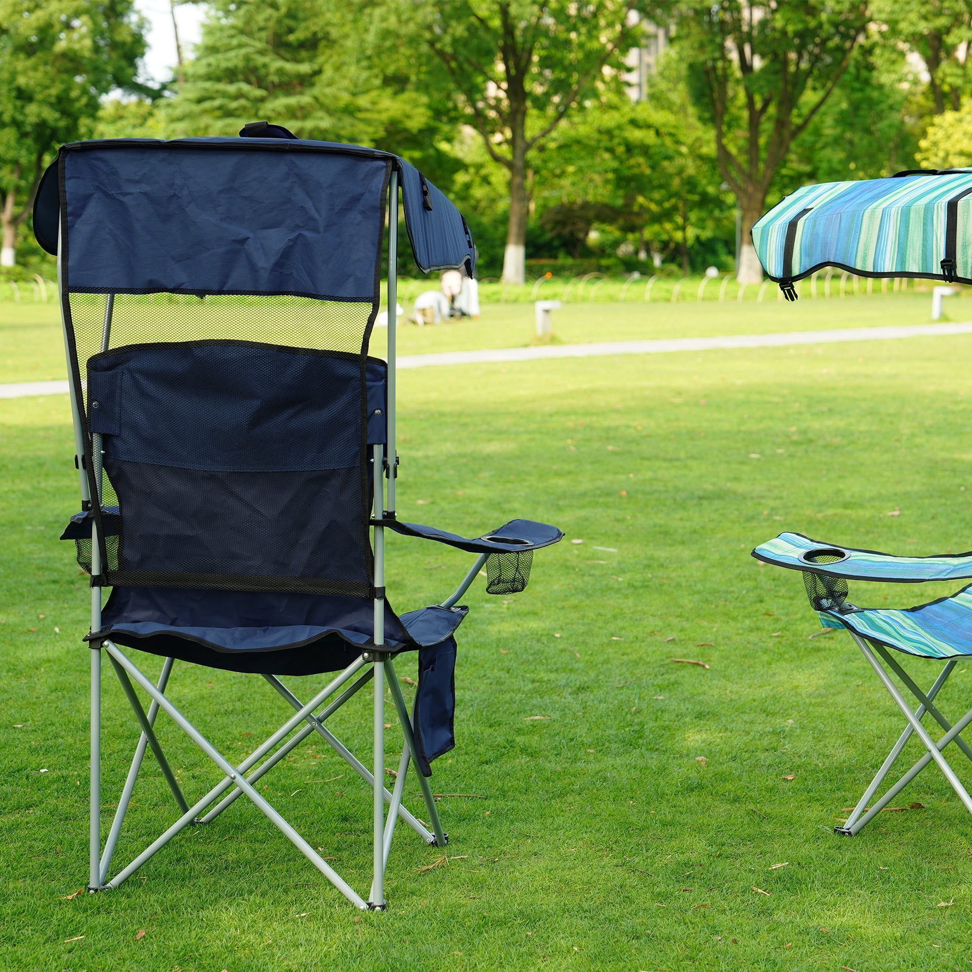 FlexWave Folding Camp Chair，Portable Outdoor Chair，with Shade & Cup Holder，for Camping, Beach, Fishing, and Sports Events