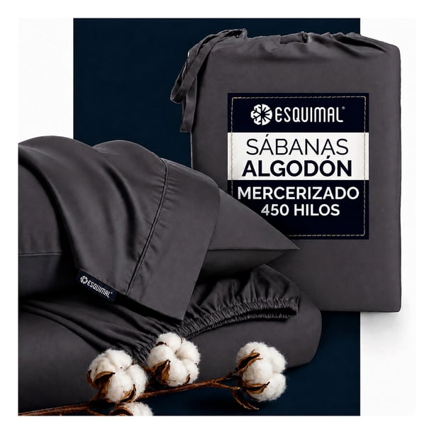 Juego De Sábanas Individual Algodón Mercerizado Premium 450 Hilos Esquimal, Certificación Oeko-tex, Grafito