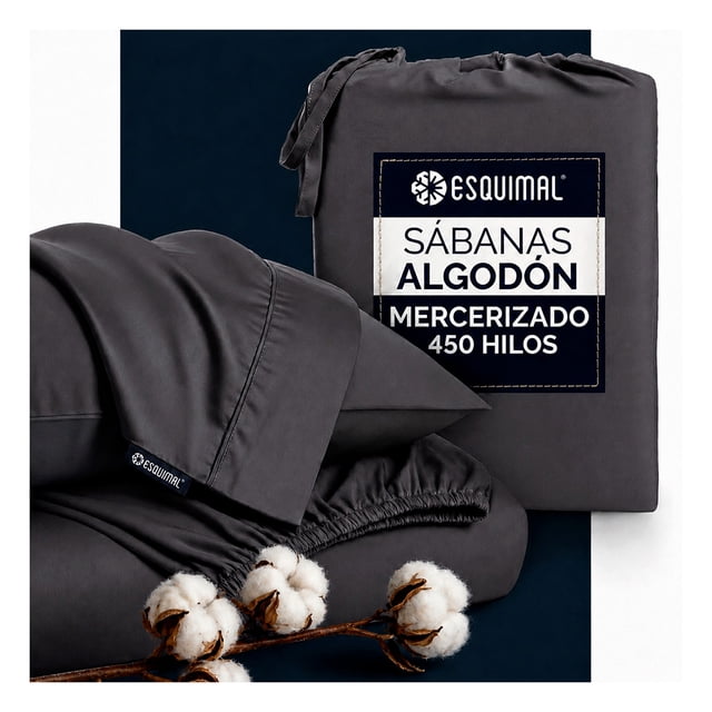 Juego De Sábanas Matrimonial Algodón Mercerizado Premium 450 Hilos Esquimal, Certificación Oeko-tex, Grafito
