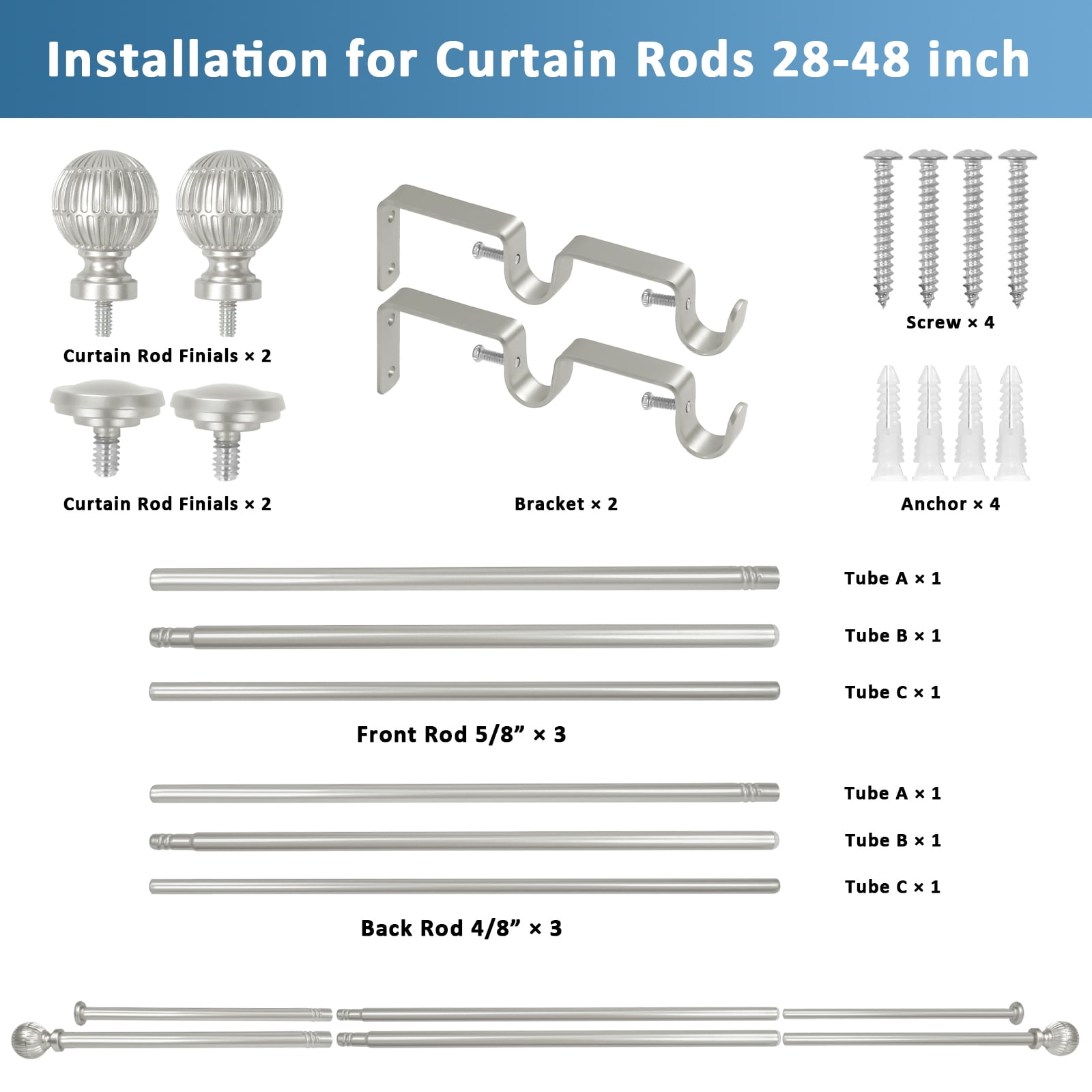 Ridicili 5/8" Telescoping Double Curtain Rods with Volle Finials, Pewter,28"-48", 5/8 Inches Front and 1/2 Inches Back Double Window Drapery Rod