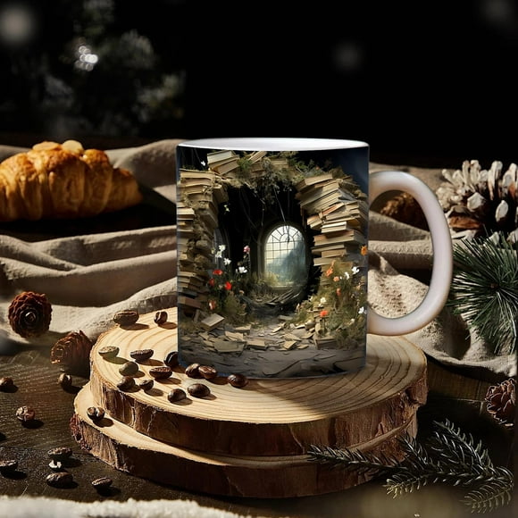 Suncoda Mug, 3 D Creatives Space Bookshelf Ceramic Mugs Study with Coffee Mugs for Book Lovers Gift