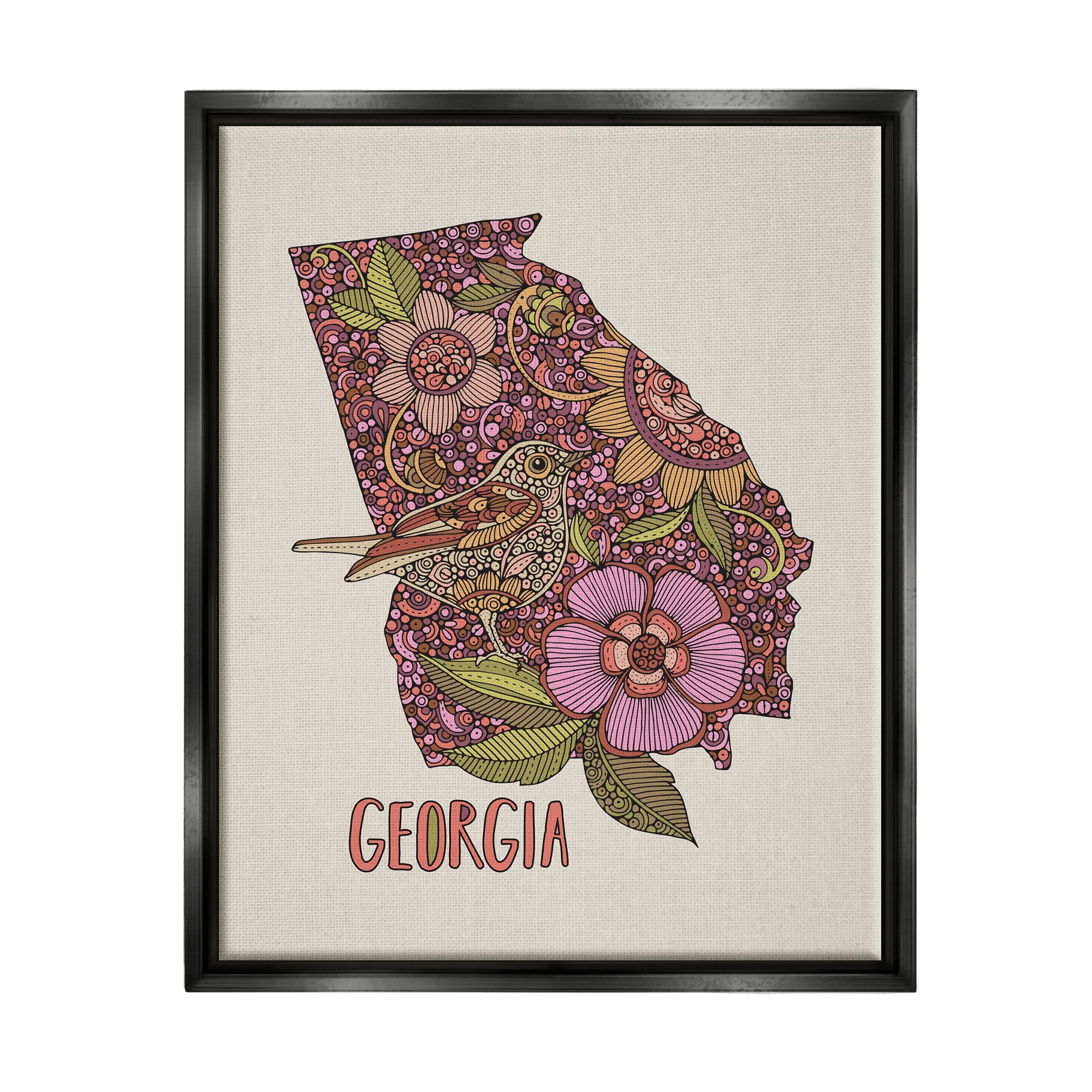 Stupell Industries Intricate Georgia State Bird & Flower Detailed Floral Design Graphic Art Luster Gray Floating Framed Canvas Print Wall Art, Design by Valentina Harper