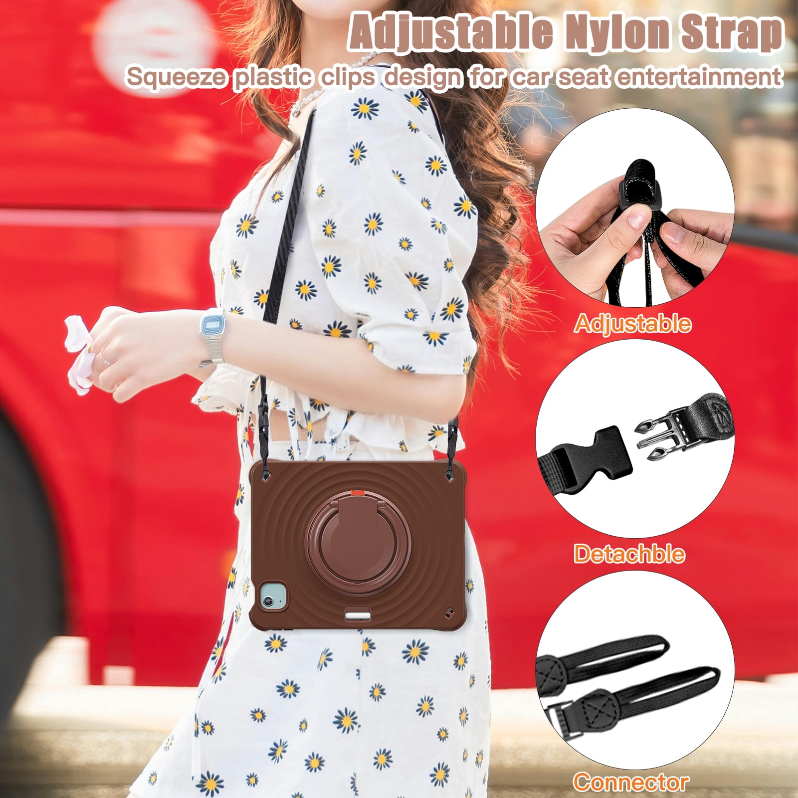 ELEHOLD Case for Apple iPad Air 11 (2024), Portable Hybrid Shockproof iPad Case with Pencil Holder & Hanging Ring Handle Rotatable Kickstand,Chocolate