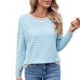 thumbnail image 2 of Women'S Casual Striped Crewneck Sweaters Color Block Long Sleeve Knitted Sweater Tops Blue Color S, 2 of 9