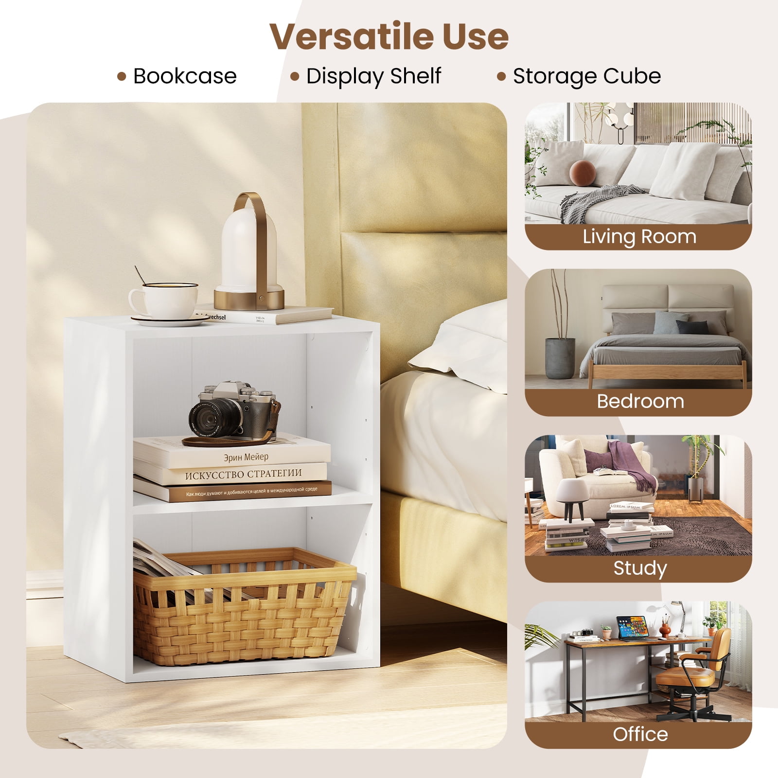 Gymax 2-Cube Bookcase w/ 5-Position Adjustable Shelf Anti-Toppling Kits for Study White