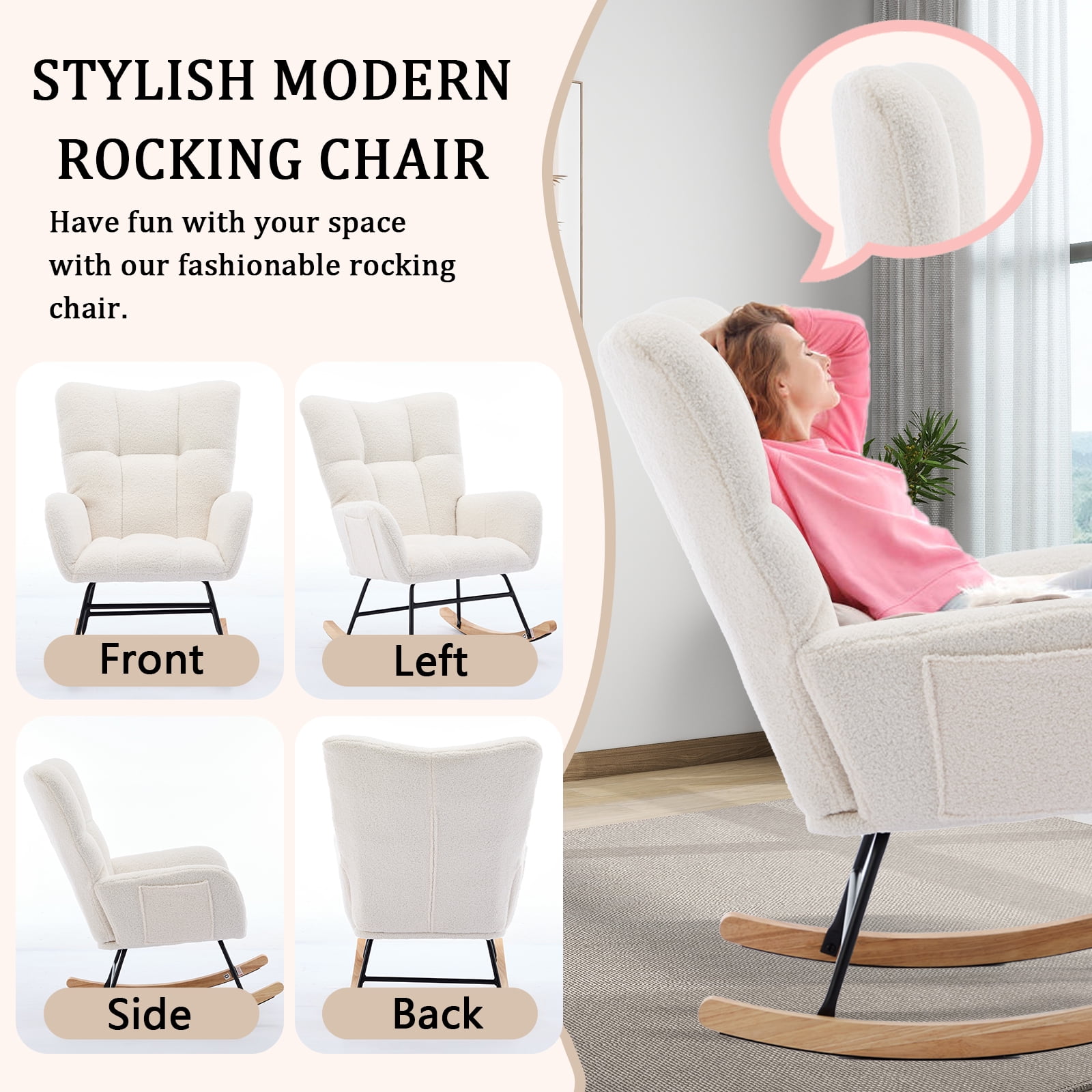 SENCHO GINSYTALIOR Nursery Rocking Chair Teddy Upholstered Glider Rocker,Rocking Accent Chair Padded Seat with High Backrest ,Solid Wood Legs for Nursery Bedroom Living Room