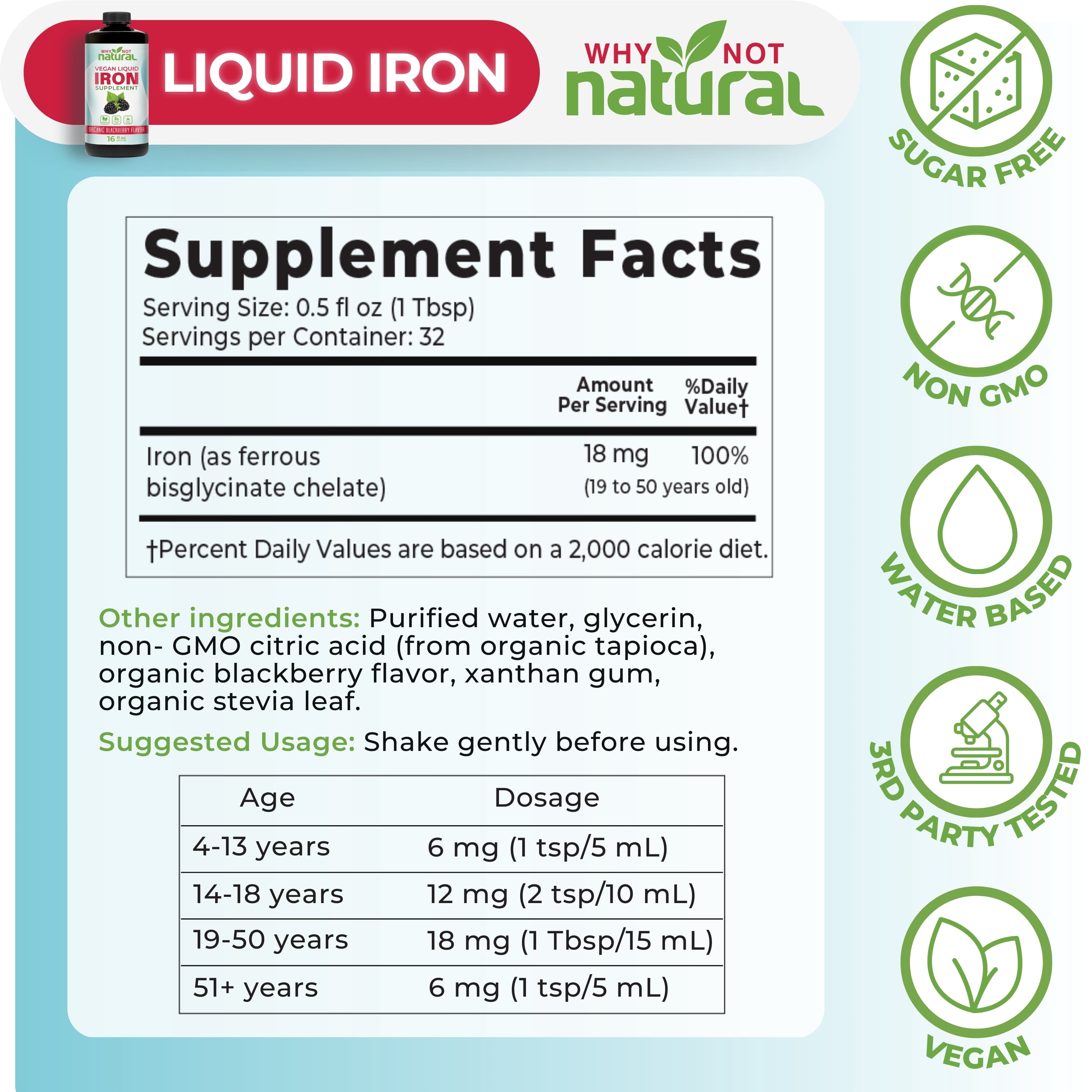Why Not Natural Liquid Iron Supplement for Women Men and Kids, Vegan Formulation for Anemia